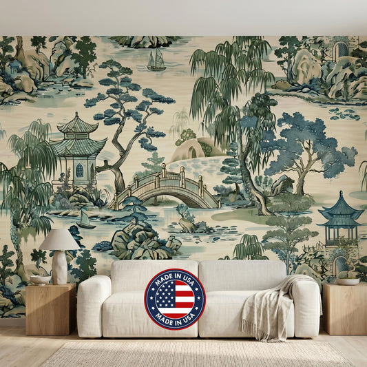 Japanese Garden Wallpaper Mural - Traditional Asian Landscape Wall Art, Oriental Home Decor- Peel & Stick
