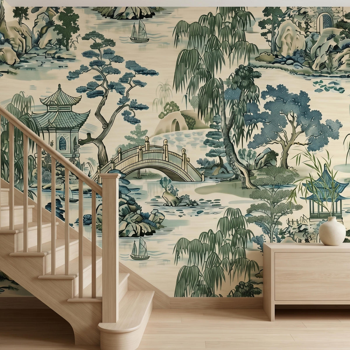 Japanese Garden Wallpaper Mural - Traditional Asian Landscape Wall Art, Oriental Home Decor- Peel & Stick