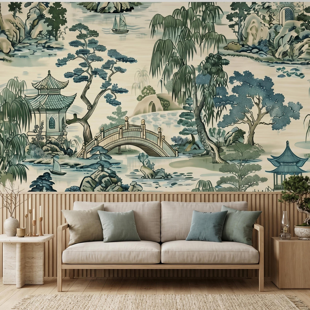 Japanese Garden Wallpaper Mural - Traditional Asian Landscape Wall Art, Oriental Home Decor- Peel & Stick