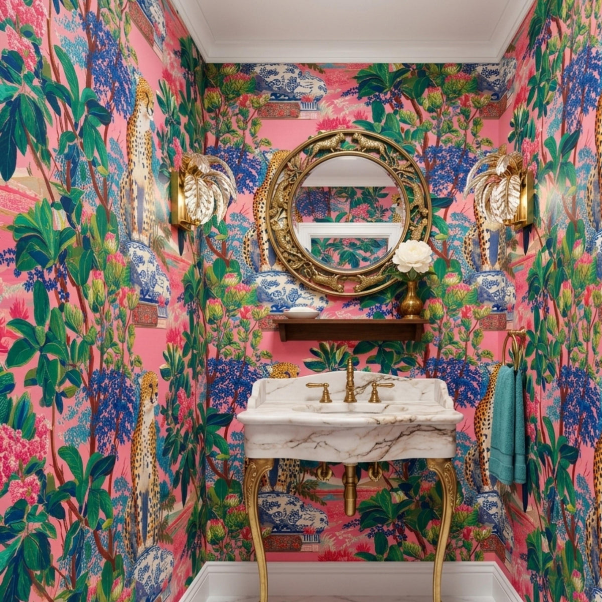 Maximalist Leopard Tropical Pink Wallpaper Peel and Stick, Eclectic Jungle Wall Mural, Bold Chinoiserie Decor, Grandmillennial Style