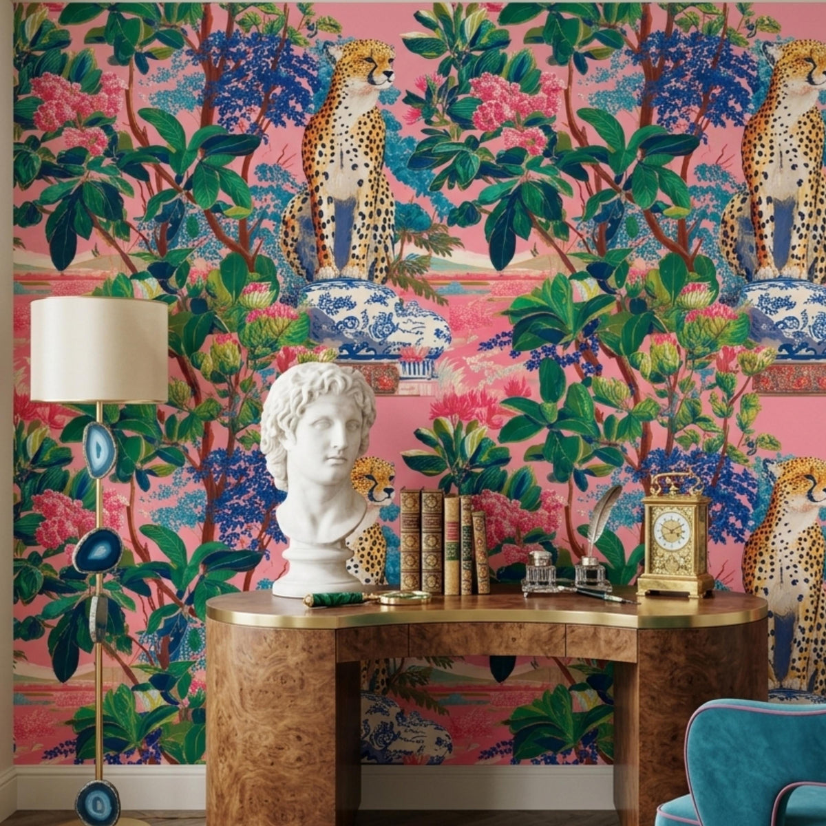 Maximalist Leopard Tropical Pink Wallpaper Peel and Stick, Eclectic Jungle Wall Mural, Bold Chinoiserie Decor, Grandmillennial Style