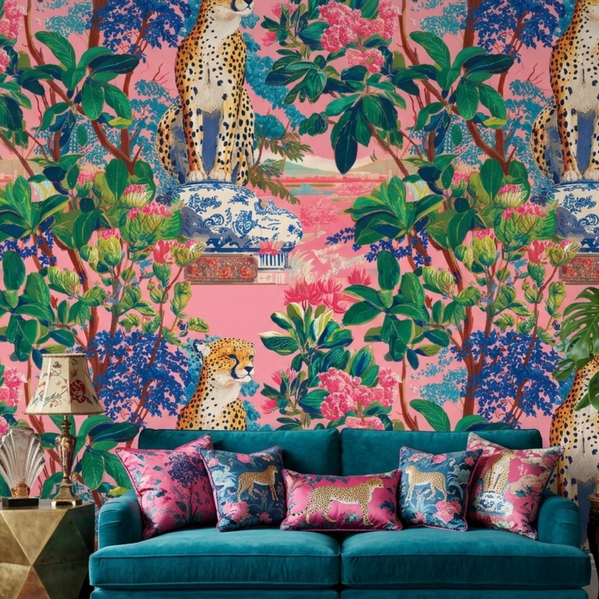Maximalist Leopard Tropical Pink Wallpaper Peel and Stick, Eclectic Jungle Wall Mural, Bold Chinoiserie Decor, Grandmillennial Style