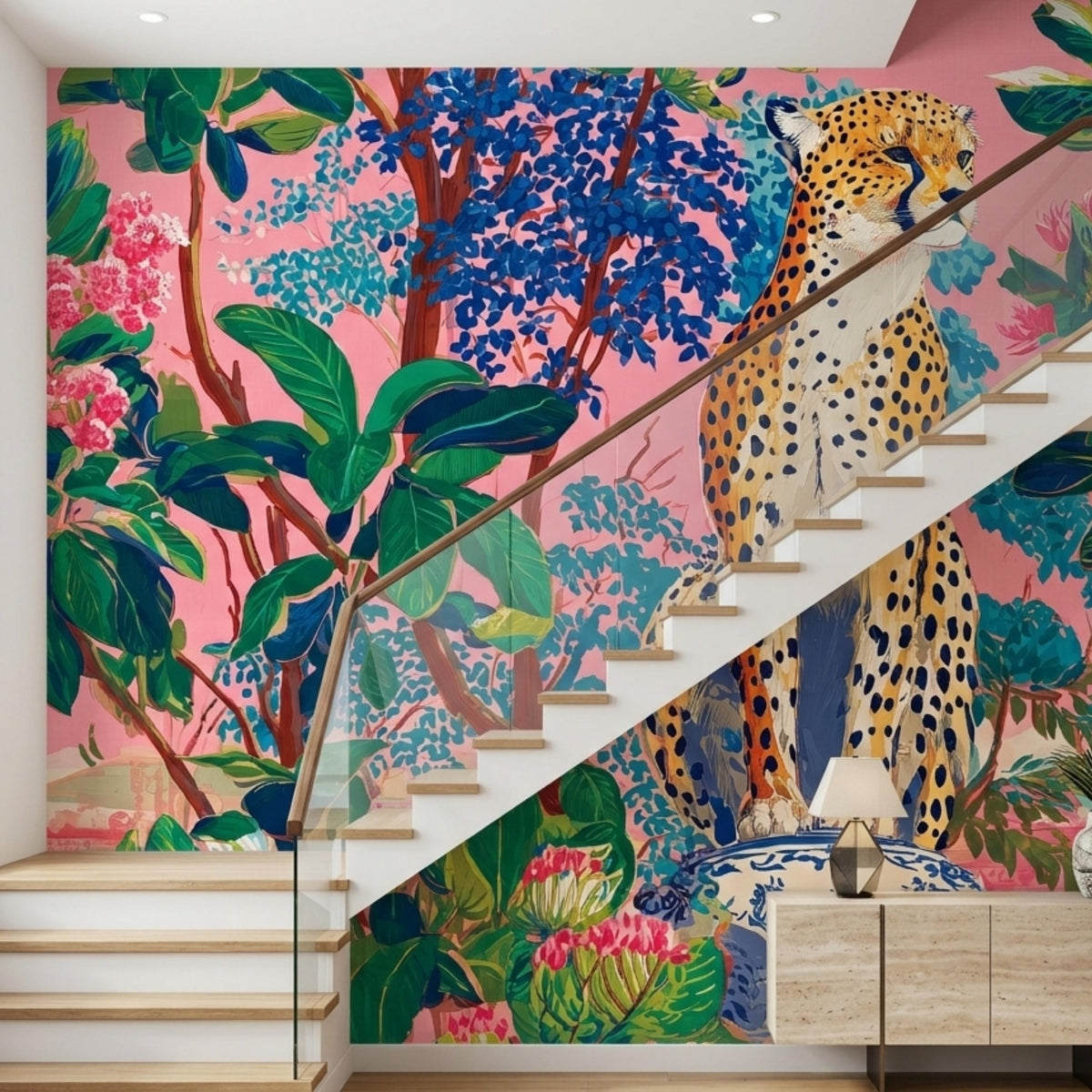 Pink Chinoiserie Cheetah Wallpaper, Maximalist Tropical Wall Mural, Exotic Jungle Peel and Stick, Grandmillennial Home Decor Accent Wall