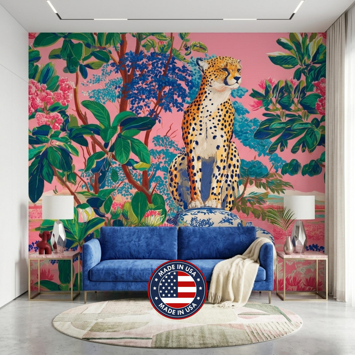 Pink Chinoiserie Cheetah Wallpaper, Maximalist Tropical Wall Mural, Exotic Jungle Peel and Stick, Grandmillennial Home Decor Accent Wall