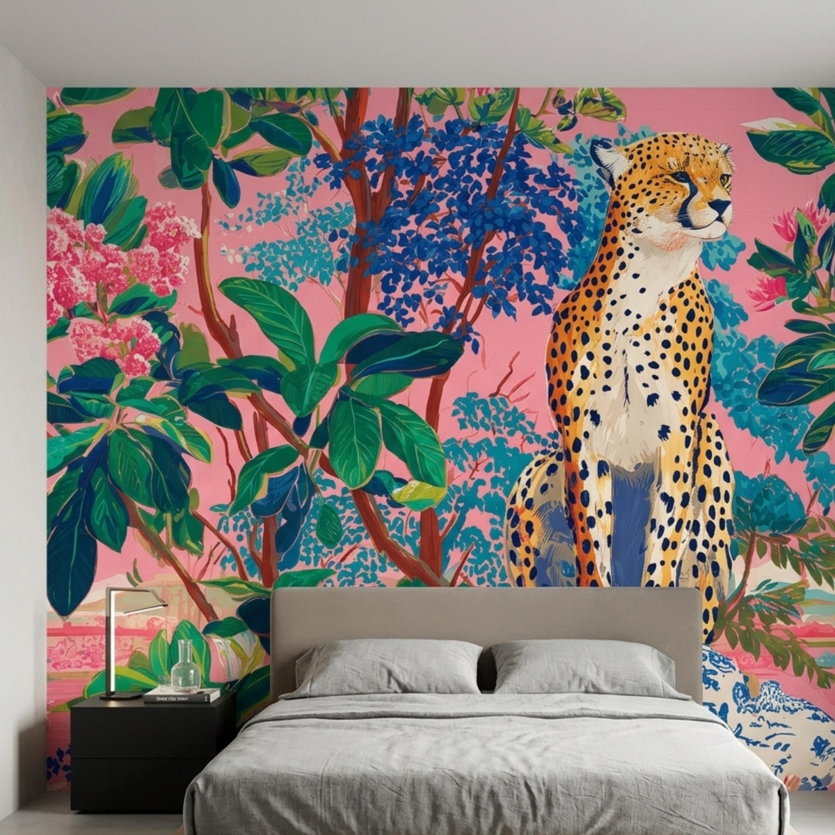 Pink Chinoiserie Cheetah Wallpaper, Maximalist Tropical Wall Mural, Exotic Jungle Peel and Stick, Grandmillennial Home Decor Accent Wall