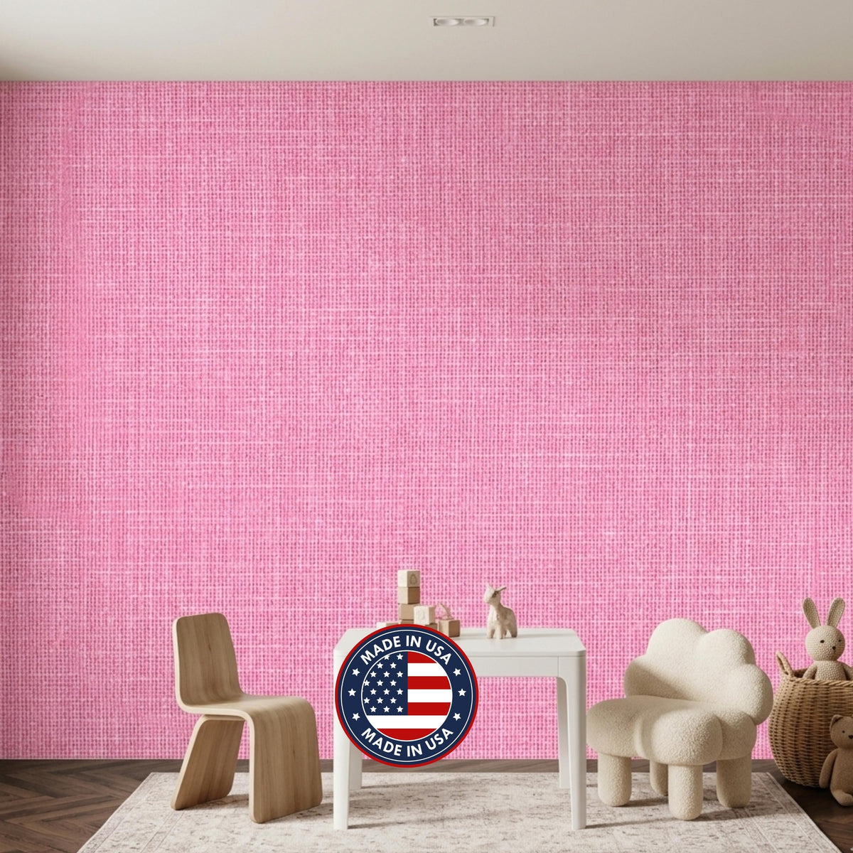 Pink Linen Texture Wallpaper, Faux Grasscloth Fabric Wall Mural, Modern Nursery Decor, Minimalist Pastel Home Aesthetic