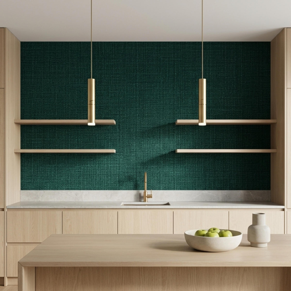 Linen Texture Emerald Green Wallpaper Peel and Stick, Faux Fabric Wall Mural Decor, Modern Grasscloth Style Aesthetic