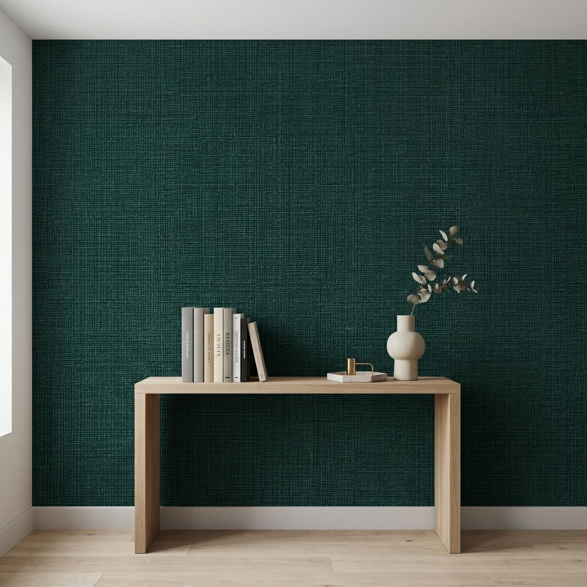 Linen Texture Emerald Green Wallpaper Peel and Stick, Faux Fabric Wall Mural Decor, Modern Grasscloth Style Aesthetic