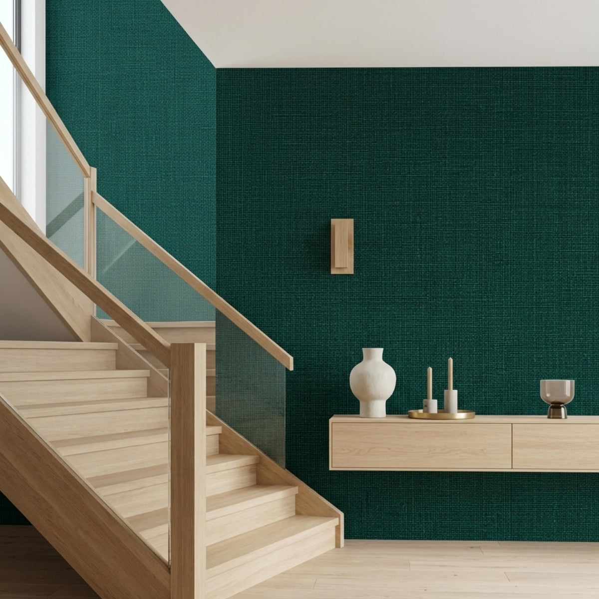 Linen Texture Emerald Green Wallpaper Peel and Stick, Faux Fabric Wall Mural Decor, Modern Grasscloth Style Aesthetic