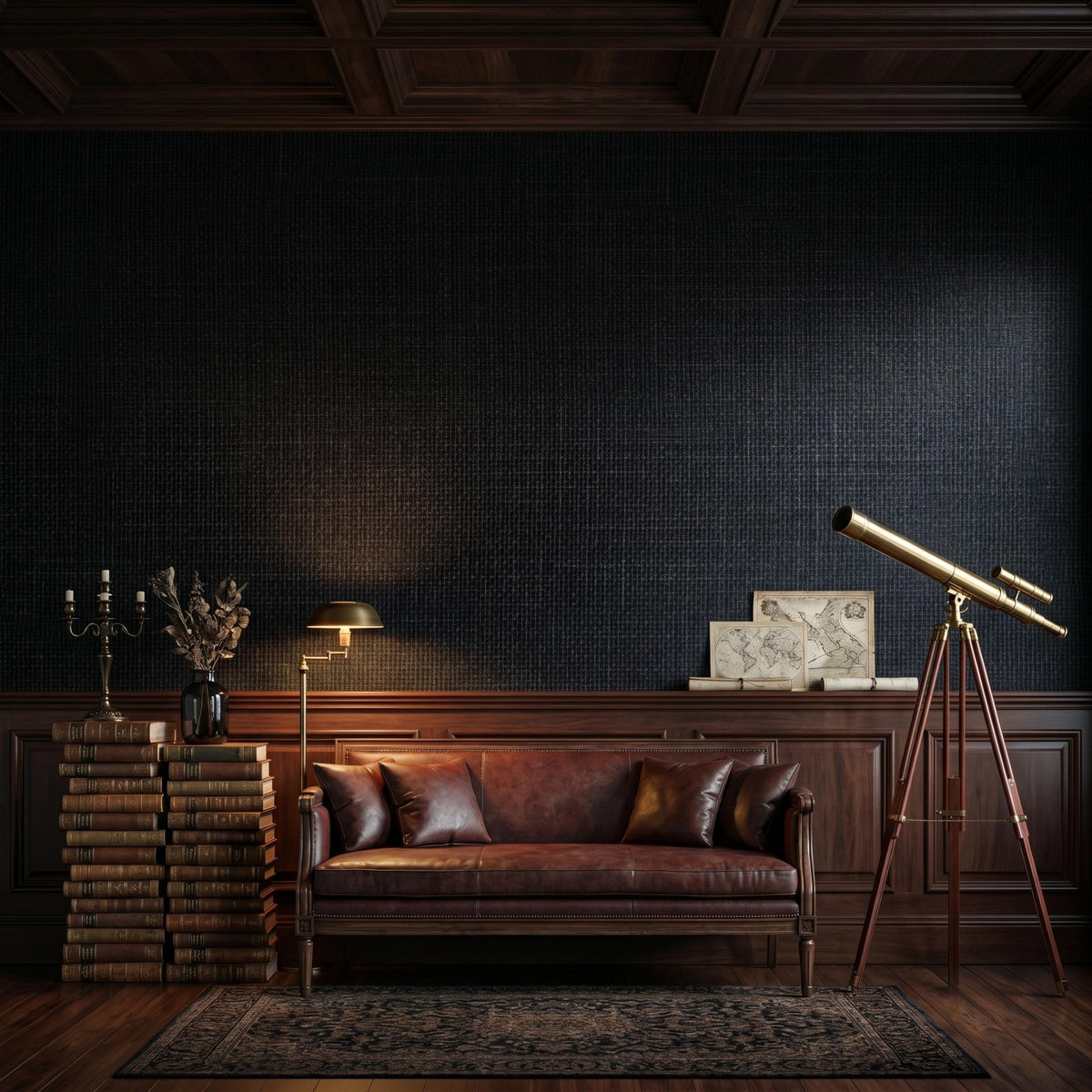 Black Grasscloth Texture Peel and Stick Wallpaper, Moody Dark Academia Home Decor, Modern Masculine Office Interior Design