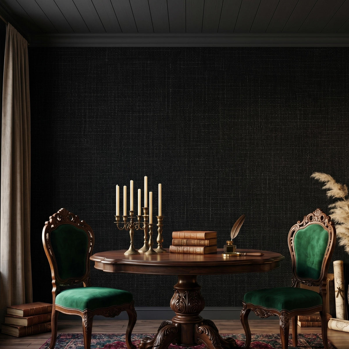 Black Grasscloth Texture Peel and Stick Wallpaper, Moody Dark Academia Home Decor, Modern Masculine Office Interior Design