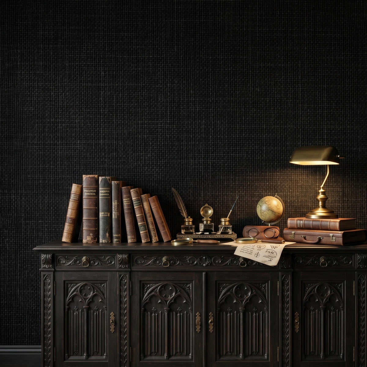 Black Grasscloth Texture Peel and Stick Wallpaper, Moody Dark Academia Home Decor, Modern Masculine Office Interior Design