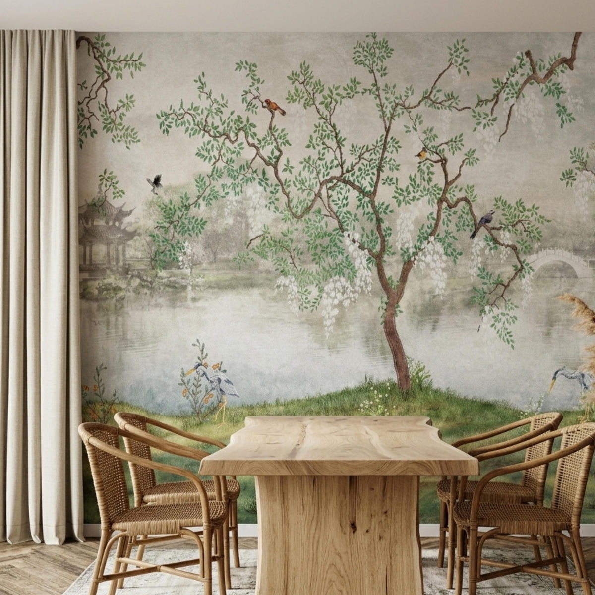 Chinoiserie Garden Landscape Mural Wallpaper, Vintage Asian Scene Wall Decor, Large Scenic Pagoda Wall Covering