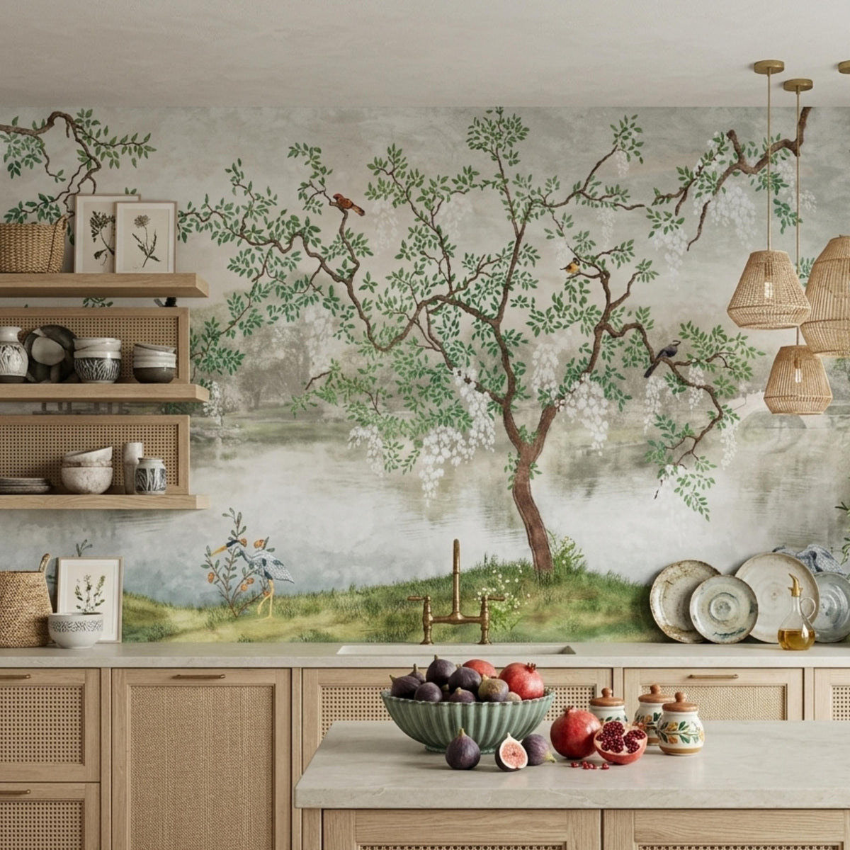 Chinoiserie Garden Landscape Mural Wallpaper, Vintage Asian Scene Wall Decor, Large Scenic Pagoda Wall Covering