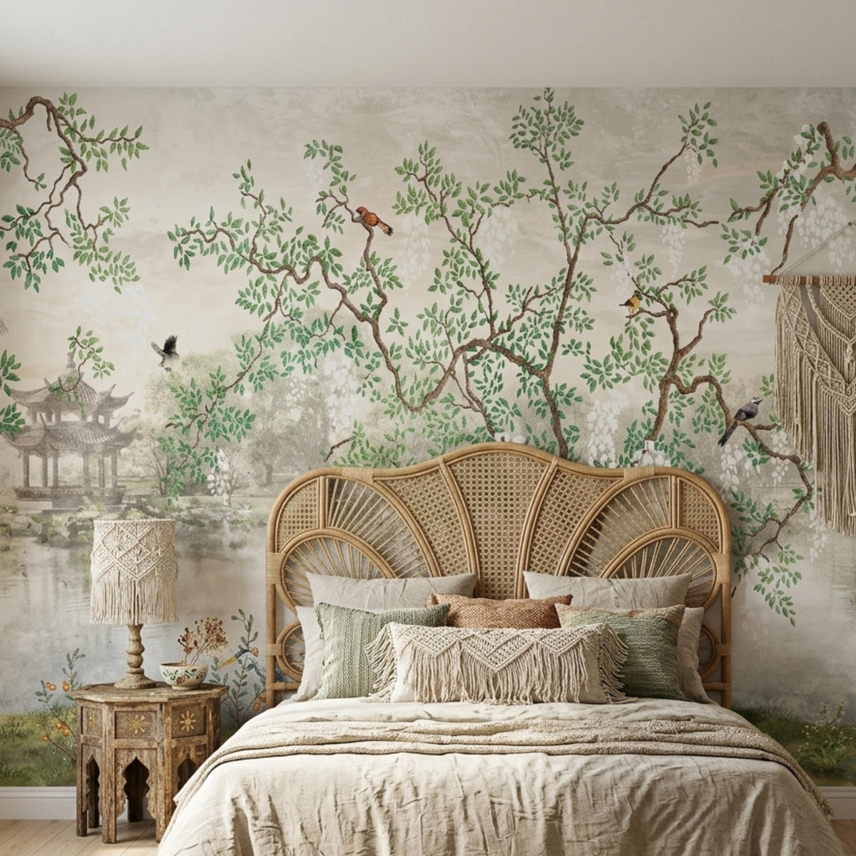 Chinoiserie Garden Landscape Mural Wallpaper, Vintage Asian Scene Wall Decor, Large Scenic Pagoda Wall Covering