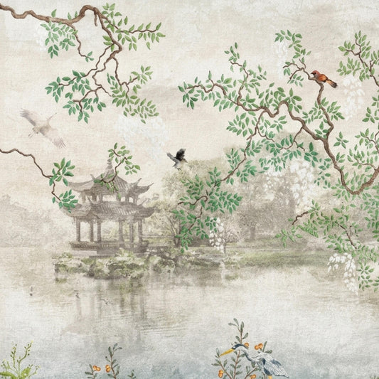 Chinoiserie Garden Landscape Mural Wallpaper, Vintage Asian Scene Wall Decor, Large Scenic Pagoda Wall Covering