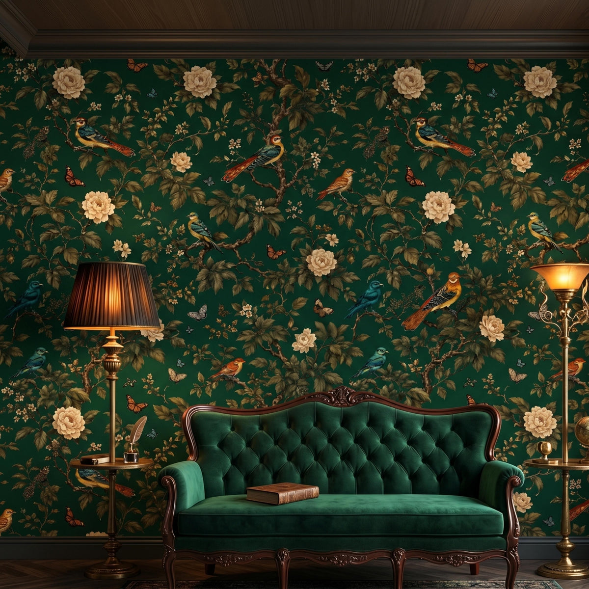 Dark Green Chinoiserie Floral Wallpaper Wall Mural, Moody Botanical Bird Wall Decor, Vintage Nature Peel and Stick, Victorian Aesthetic