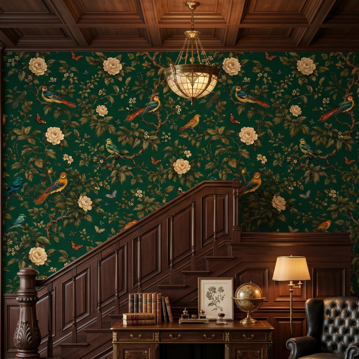 Dark Green Chinoiserie Floral Wallpaper Wall Mural, Moody Botanical Bird Wall Decor, Vintage Nature Peel and Stick, Victorian Aesthetic