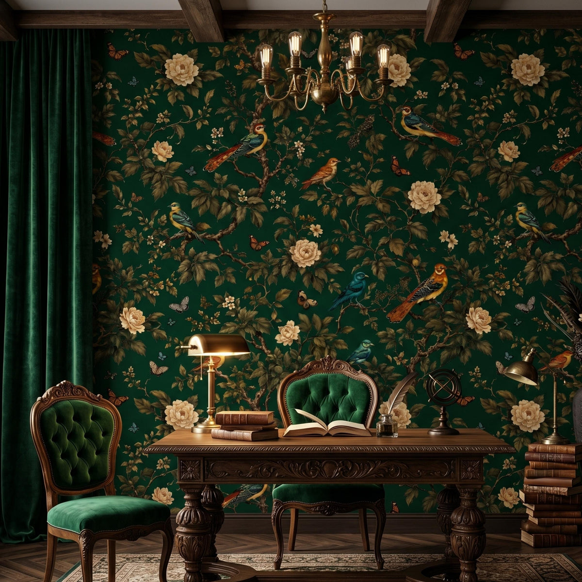 Dark Green Chinoiserie Floral Wallpaper Wall Mural, Moody Botanical Bird Wall Decor, Vintage Nature Peel and Stick, Victorian Aesthetic