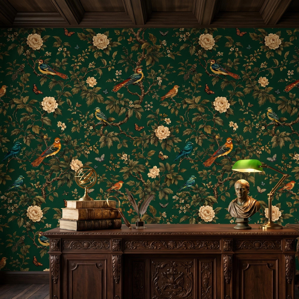 Dark Green Chinoiserie Floral Wallpaper Wall Mural, Moody Botanical Bird Wall Decor, Vintage Nature Peel and Stick, Victorian Aesthetic