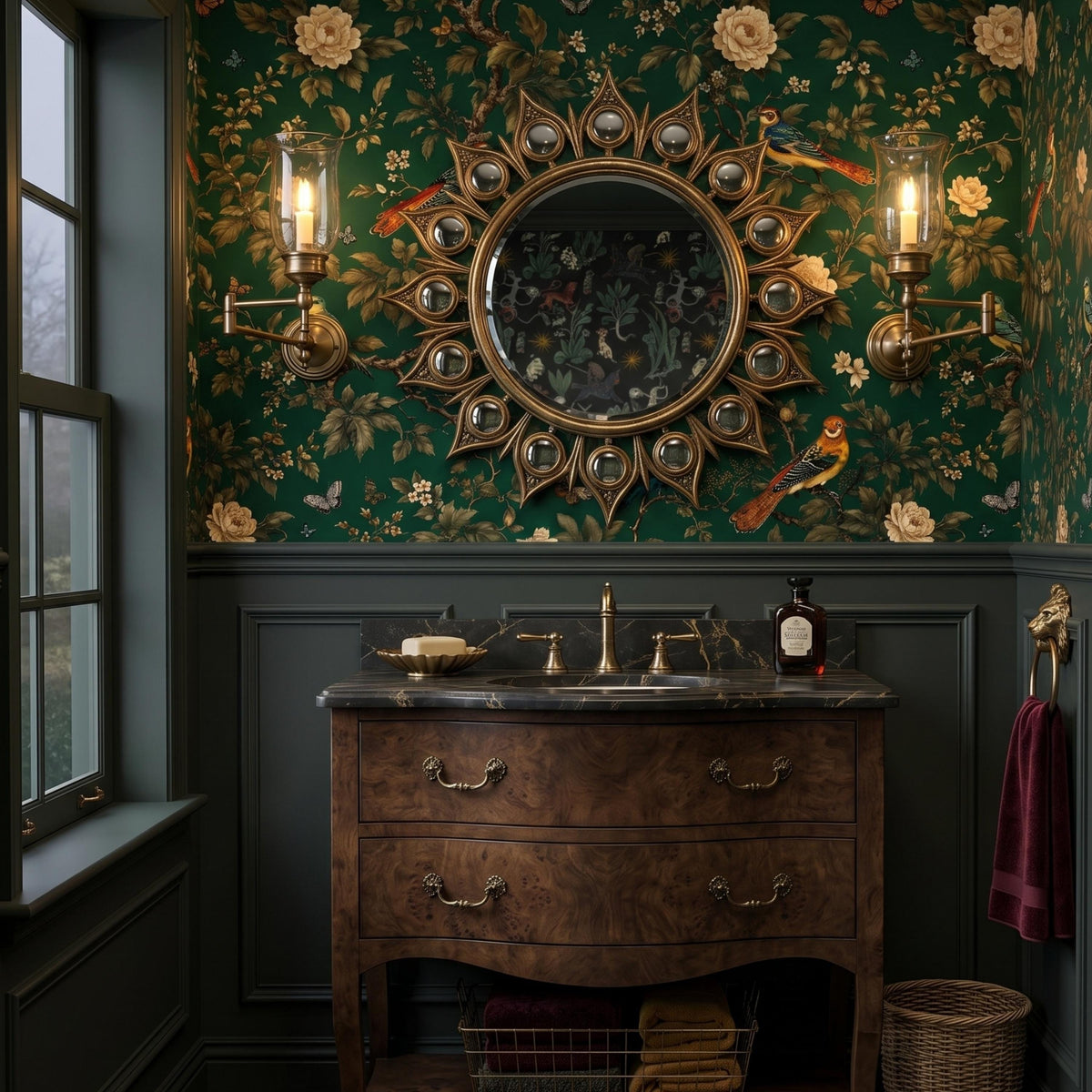 Dark Green Chinoiserie Floral Wallpaper Wall Mural, Moody Botanical Bird Wall Decor, Vintage Nature Peel and Stick, Victorian Aesthetic