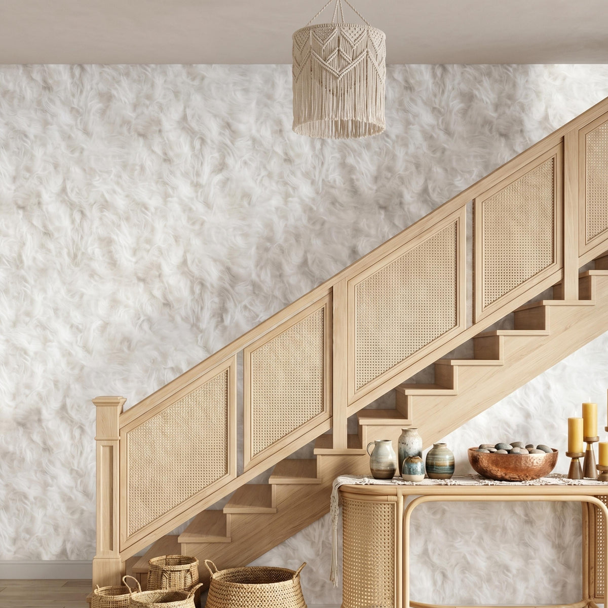 Faux Fur Texture White Boho Wallpaper, Fluffy Cloud Pattern Wall Decor, Neutral Nursery Decor, Modern Shaggy Aesthetic Mural