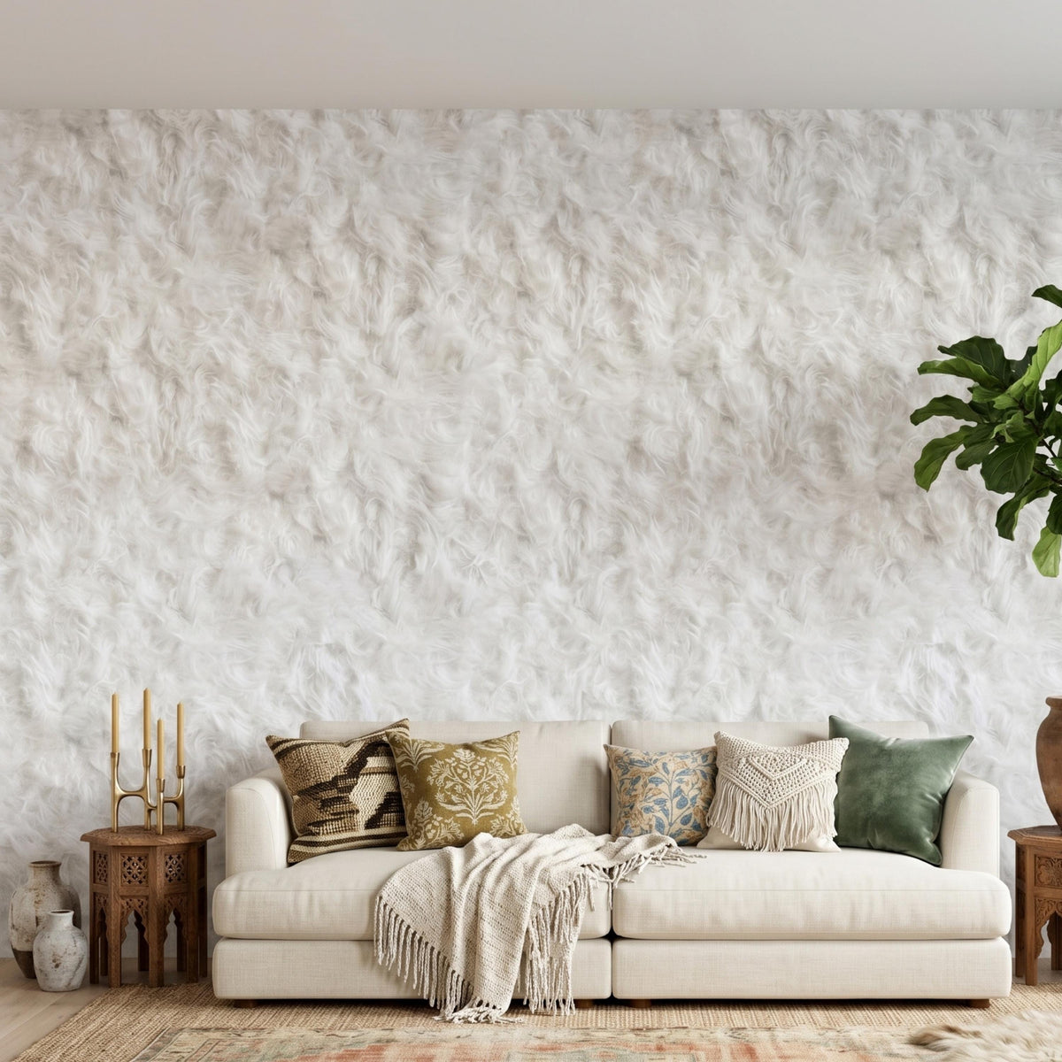 Faux Fur Texture White Boho Wallpaper, Fluffy Cloud Pattern Wall Decor, Neutral Nursery Decor, Modern Shaggy Aesthetic Mural