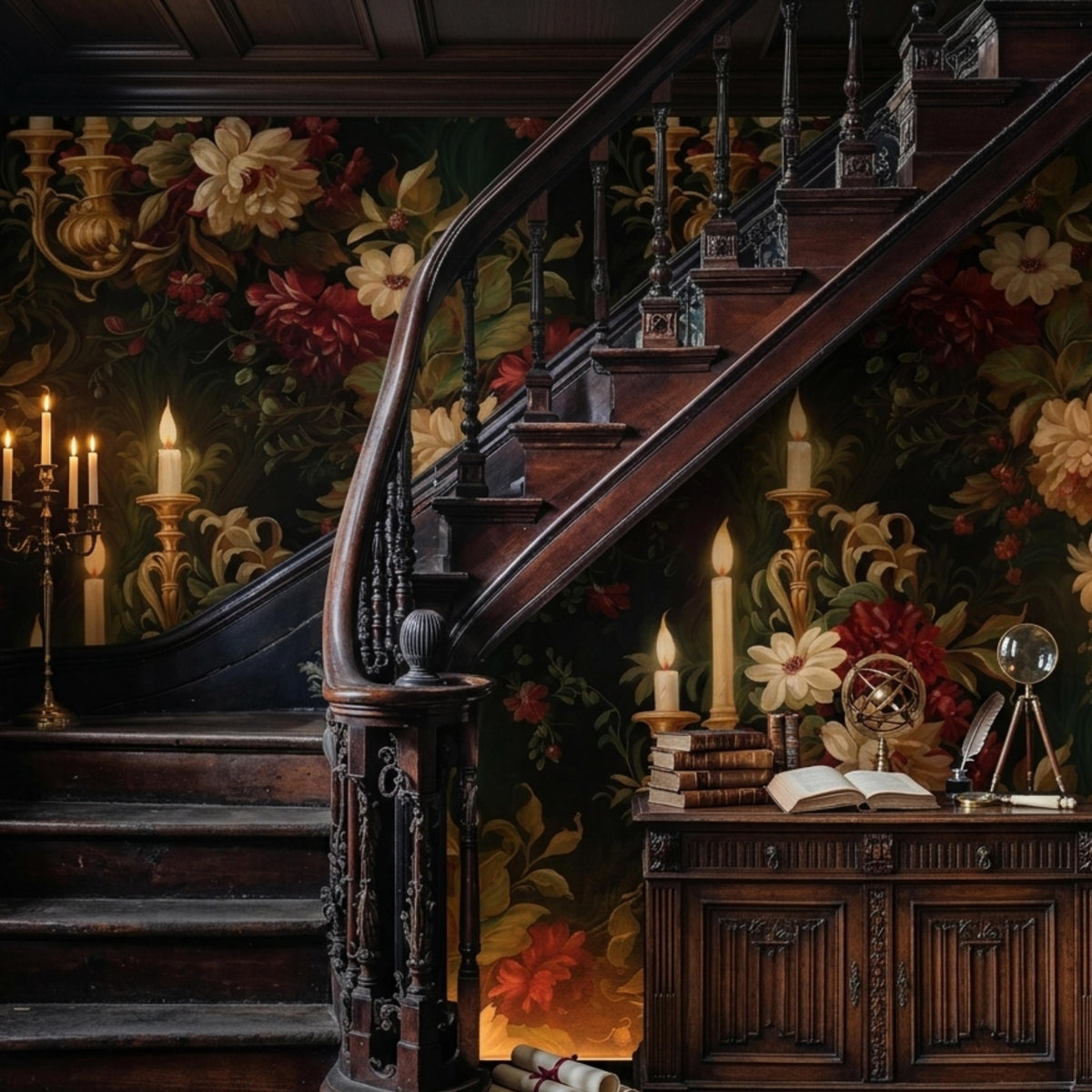 Dark Moody Floral Wallpaper with Vintage Candle Sconces, Victorian Gothic Wall Mural, Dark Academia Home Decor, Maximalist Peony Decal