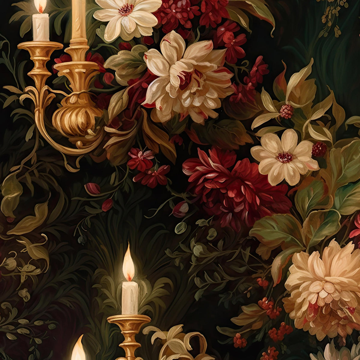 Dark Moody Floral Wallpaper with Vintage Candle Sconces, Victorian Gothic Wall Mural, Dark Academia Home Decor, Maximalist Peony Decal