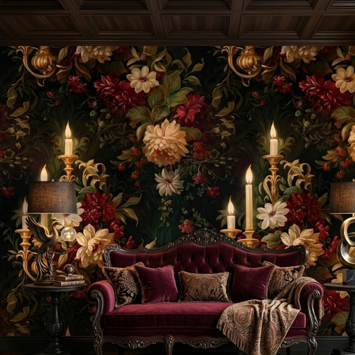 Dark Moody Floral Wallpaper with Vintage Candle Sconces, Victorian Gothic Wall Mural, Dark Academia Home Decor, Maximalist Peony Decal