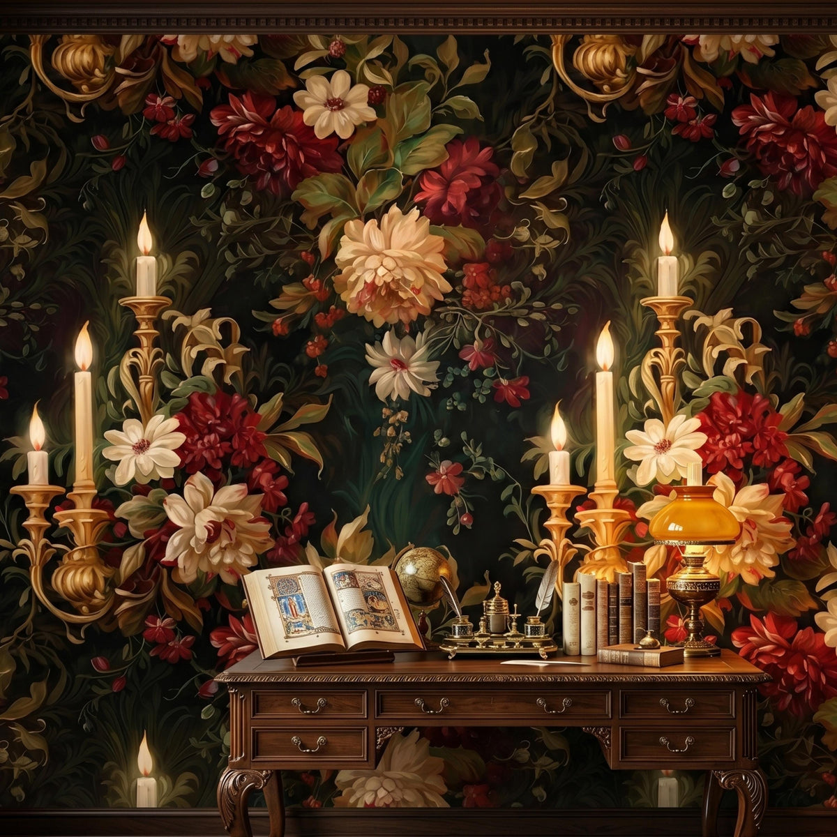 Dark Moody Floral Wallpaper with Vintage Candle Sconces, Victorian Gothic Wall Mural, Dark Academia Home Decor, Maximalist Peony Decal