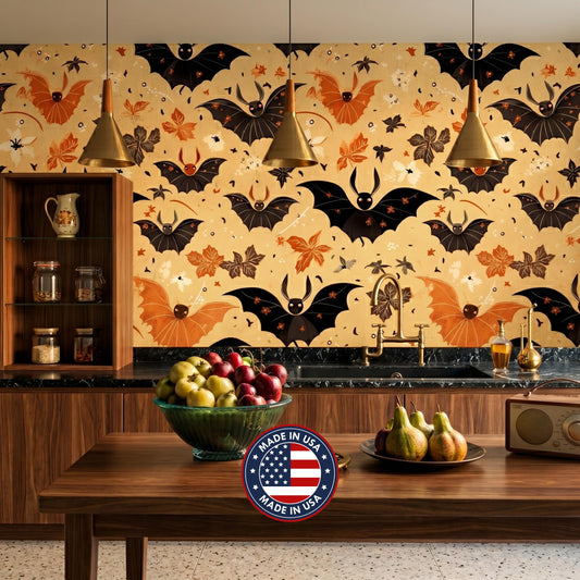 Vintage Bat and Autumn Leaf Wallpaper, Halloween Home Decor, Whimsical Gothic Wall Art, Spooky Season Interior, Dark Academia Aesthetic