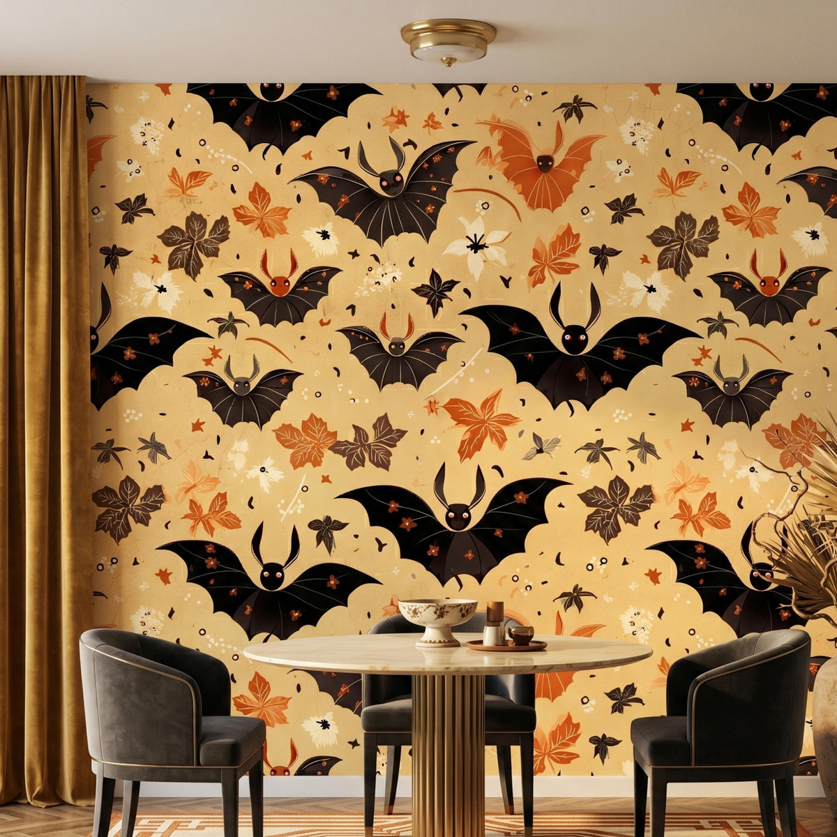 Vintage Bat and Autumn Leaf Wallpaper, Halloween Home Decor, Whimsical Gothic Wall Art, Spooky Season Interior, Dark Academia Aesthetic