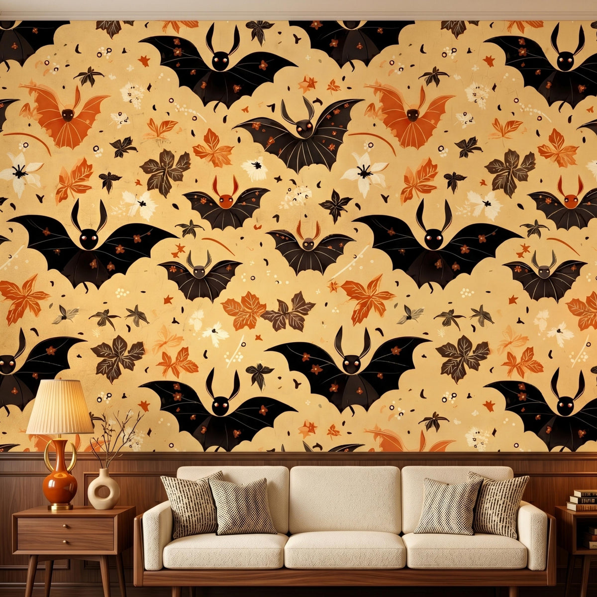 Vintage Bat and Autumn Leaf Wallpaper, Halloween Home Decor, Whimsical Gothic Wall Art, Spooky Season Interior, Dark Academia Aesthetic