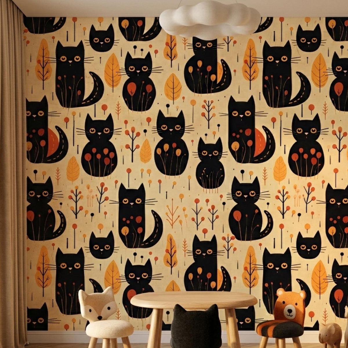 Black Cat Autumn Aesthetic Wallpaper, Whimsical Nursery Wall Decal, Mid Century Modern Cat Decor