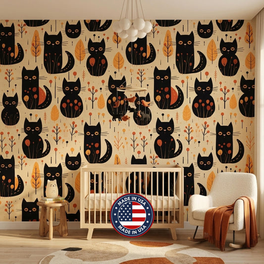 Black Cat Autumn Aesthetic Wallpaper, Whimsical Nursery Wall Decal, Mid Century Modern Cat Decor