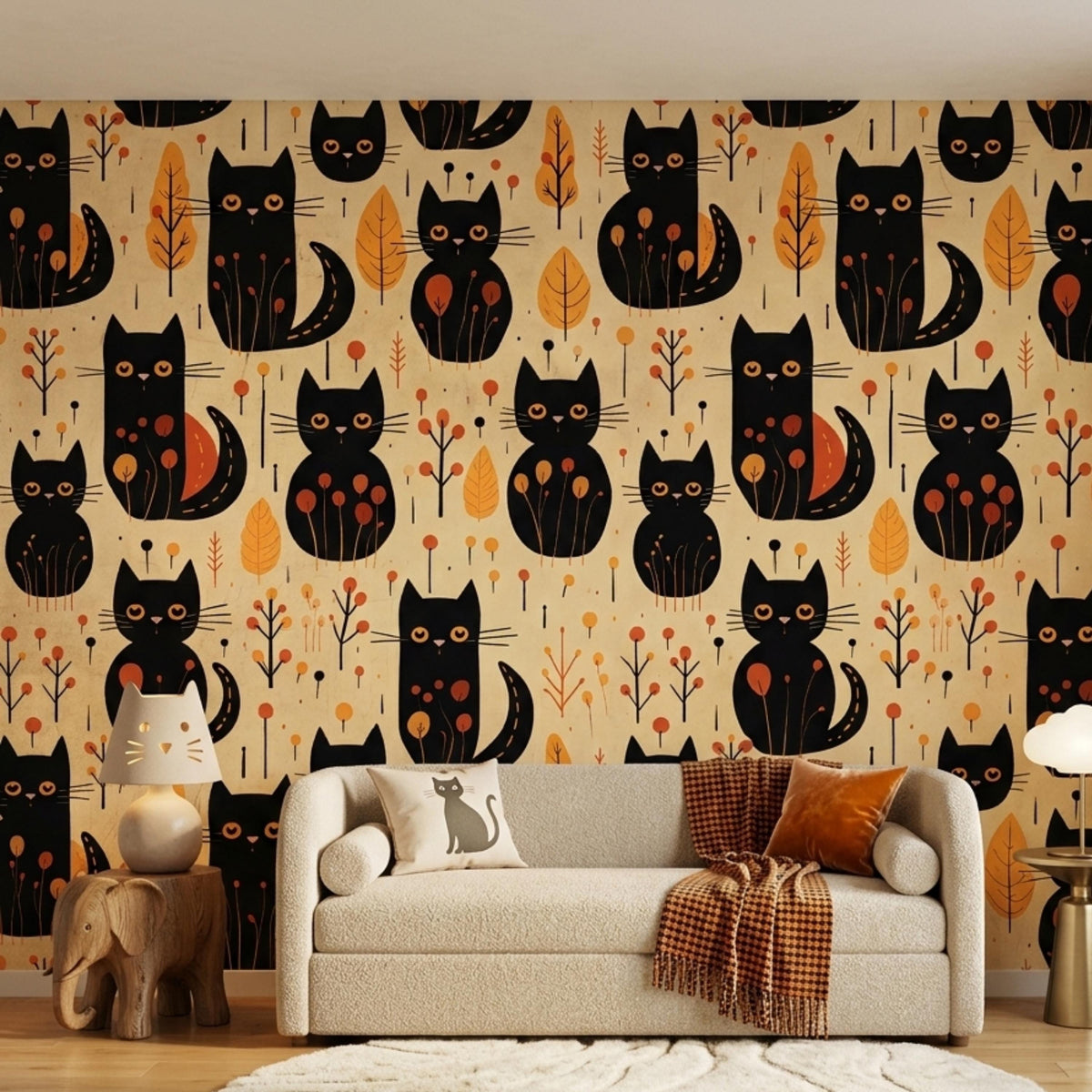 Black Cat Autumn Aesthetic Wallpaper, Whimsical Nursery Wall Decal, Mid Century Modern Cat Decor