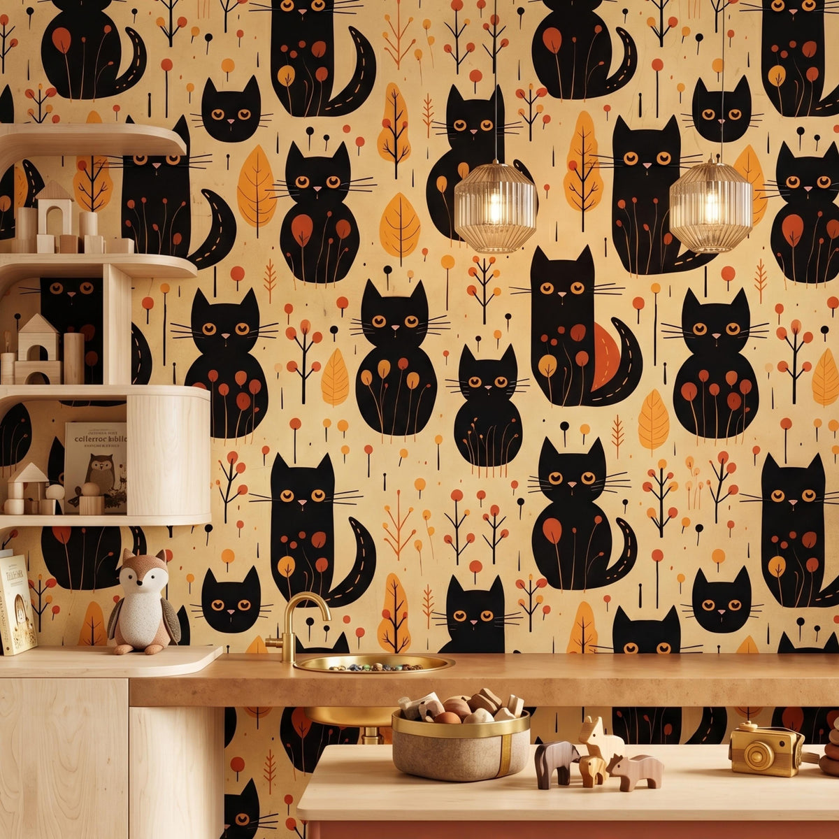Black Cat Autumn Aesthetic Wallpaper, Whimsical Nursery Wall Decal, Mid Century Modern Cat Decor