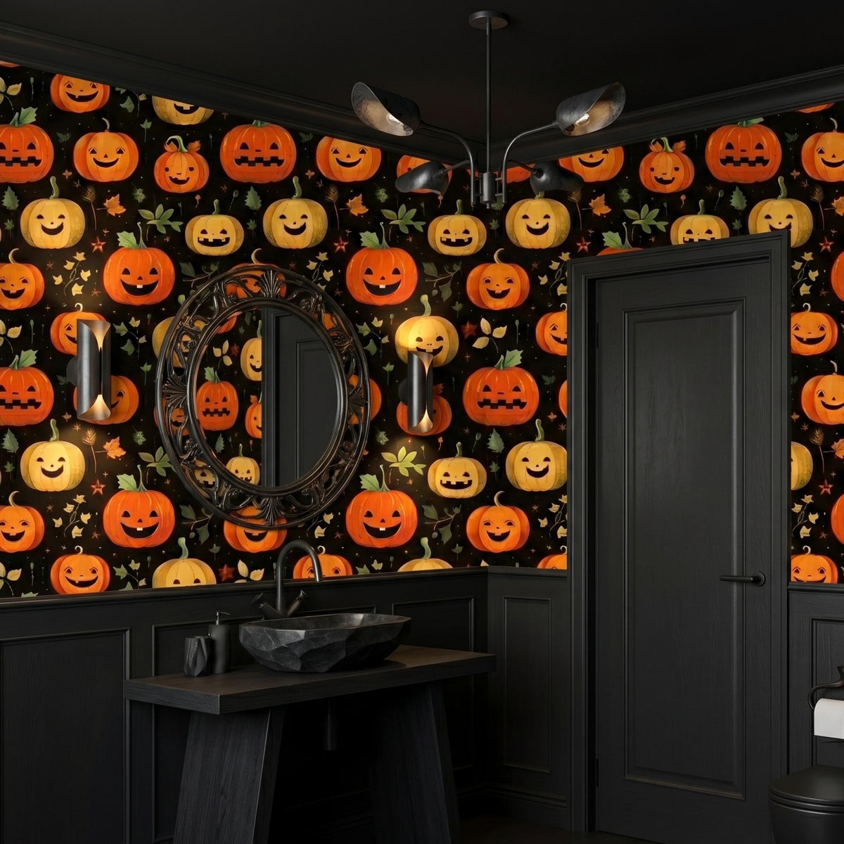 Jack-O'-Lantern Halloween Pattern Spooky Cute Wallpaper, Nursery Wall Decor, Whimsical Autumn Room Makeover, Peel and Stick Wall Covering