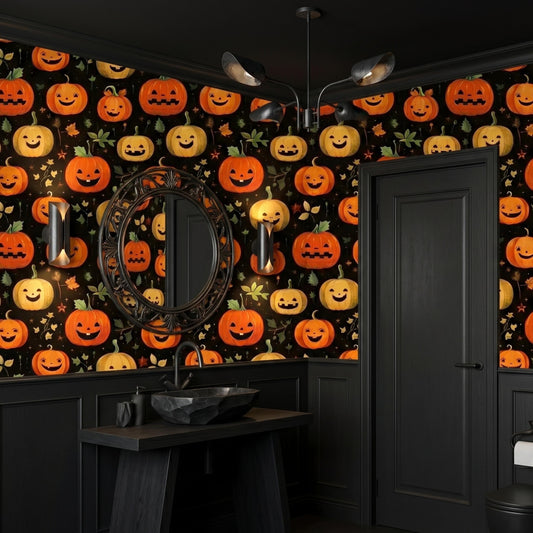 Jack-O'-Lantern Halloween Pattern Spooky Cute Wallpaper, Nursery Wall Decor, Whimsical Autumn Room Makeover, Peel and Stick Wall Covering