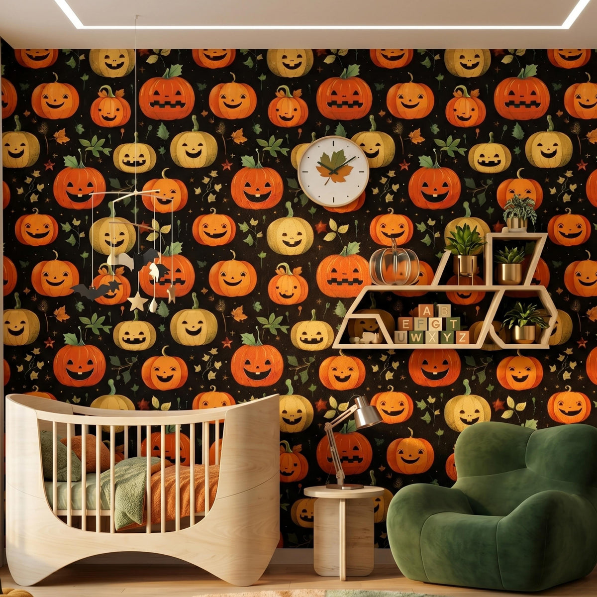 Jack-O'-Lantern Halloween Pattern Spooky Cute Wallpaper, Nursery Wall Decor, Whimsical Autumn Room Makeover, Peel and Stick Wall Covering