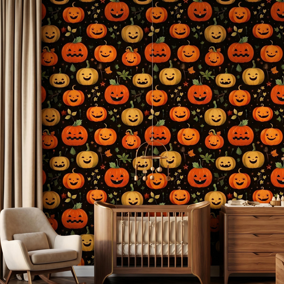 Jack-O'-Lantern Halloween Pattern Spooky Cute Wallpaper, Nursery Wall Decor, Whimsical Autumn Room Makeover, Peel and Stick Wall Covering