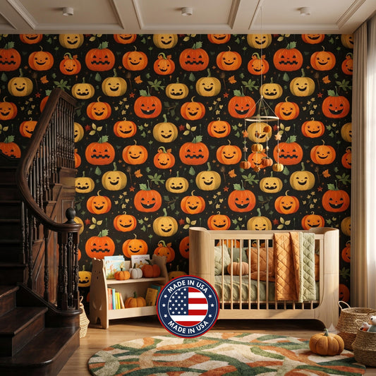 Jack-O'-Lantern Halloween Pattern Spooky Cute Wallpaper, Nursery Wall Decor, Whimsical Autumn Room Makeover, Peel and Stick Wall Covering