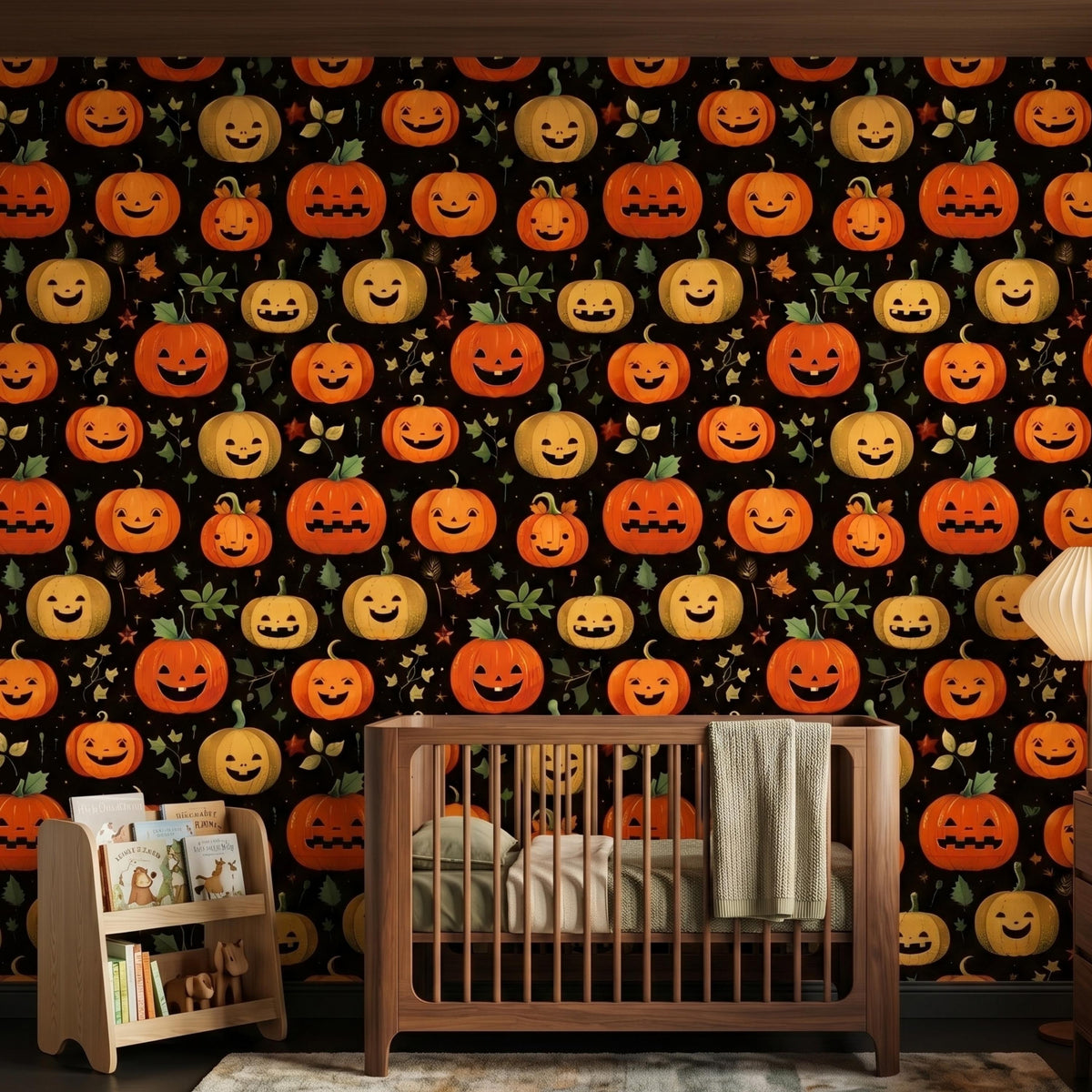 Jack-O'-Lantern Halloween Pattern Spooky Cute Wallpaper, Nursery Wall Decor, Whimsical Autumn Room Makeover, Peel and Stick Wall Covering