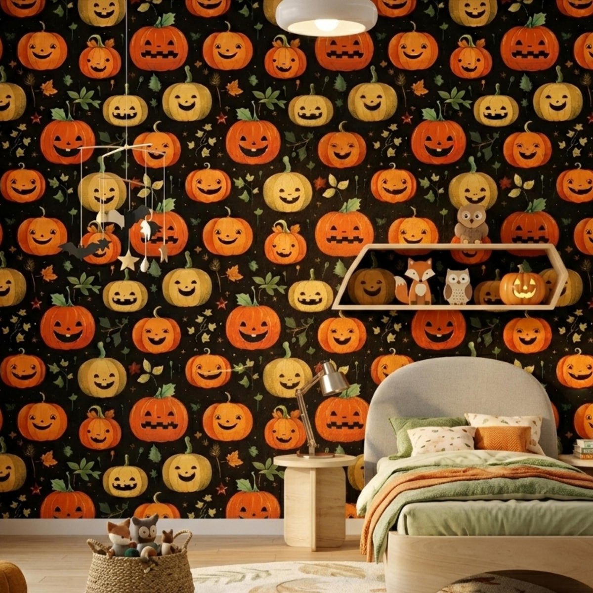Jack-O'-Lantern Halloween Pattern Spooky Cute Wallpaper, Nursery Wall Decor, Whimsical Autumn Room Makeover, Peel and Stick Wall Covering