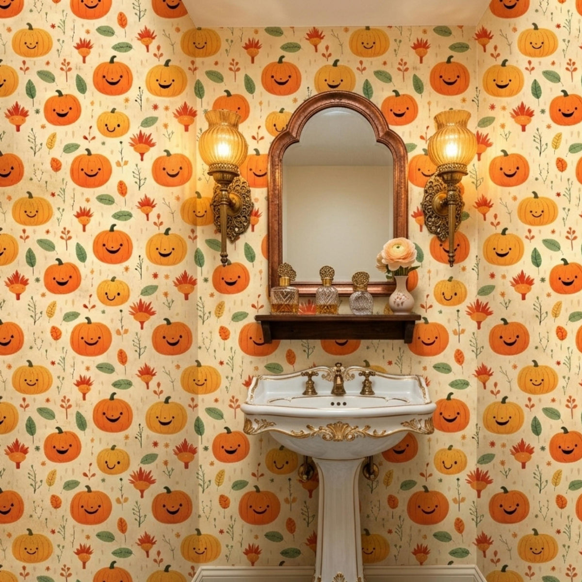 Cute Smiling Pumpkin Autumn Wallpaper, Kids Room Fall Decor, Nursery Peel and Stick Mural, Aesthetic Halloween Home