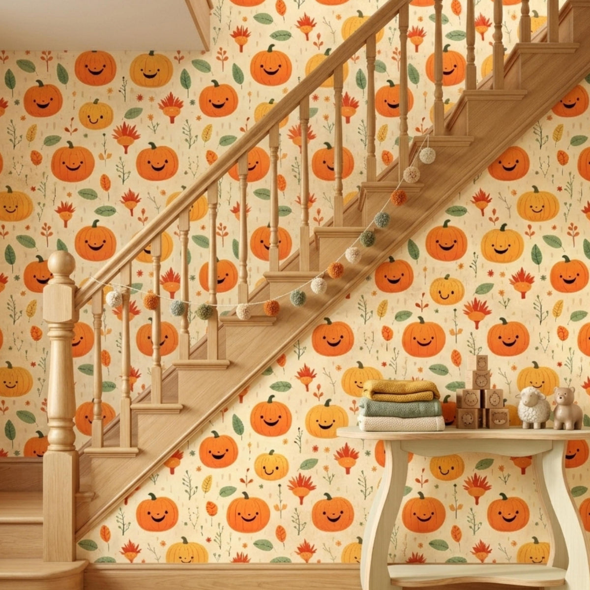 Cute Smiling Pumpkin Autumn Wallpaper, Kids Room Fall Decor, Nursery Peel and Stick Mural, Aesthetic Halloween Home