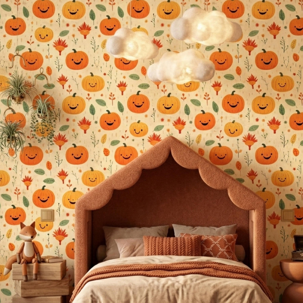 Cute Smiling Pumpkin Autumn Wallpaper, Kids Room Fall Decor, Nursery Peel and Stick Mural, Aesthetic Halloween Home
