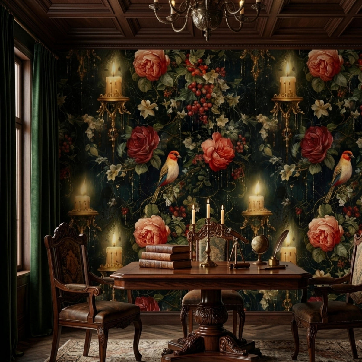 Dark Academia Floral Birds and Candles Wallpaper, Vintage Victorian Red Rose Wall Decal, Moody Maximalist Interior, Antique Still Life Art