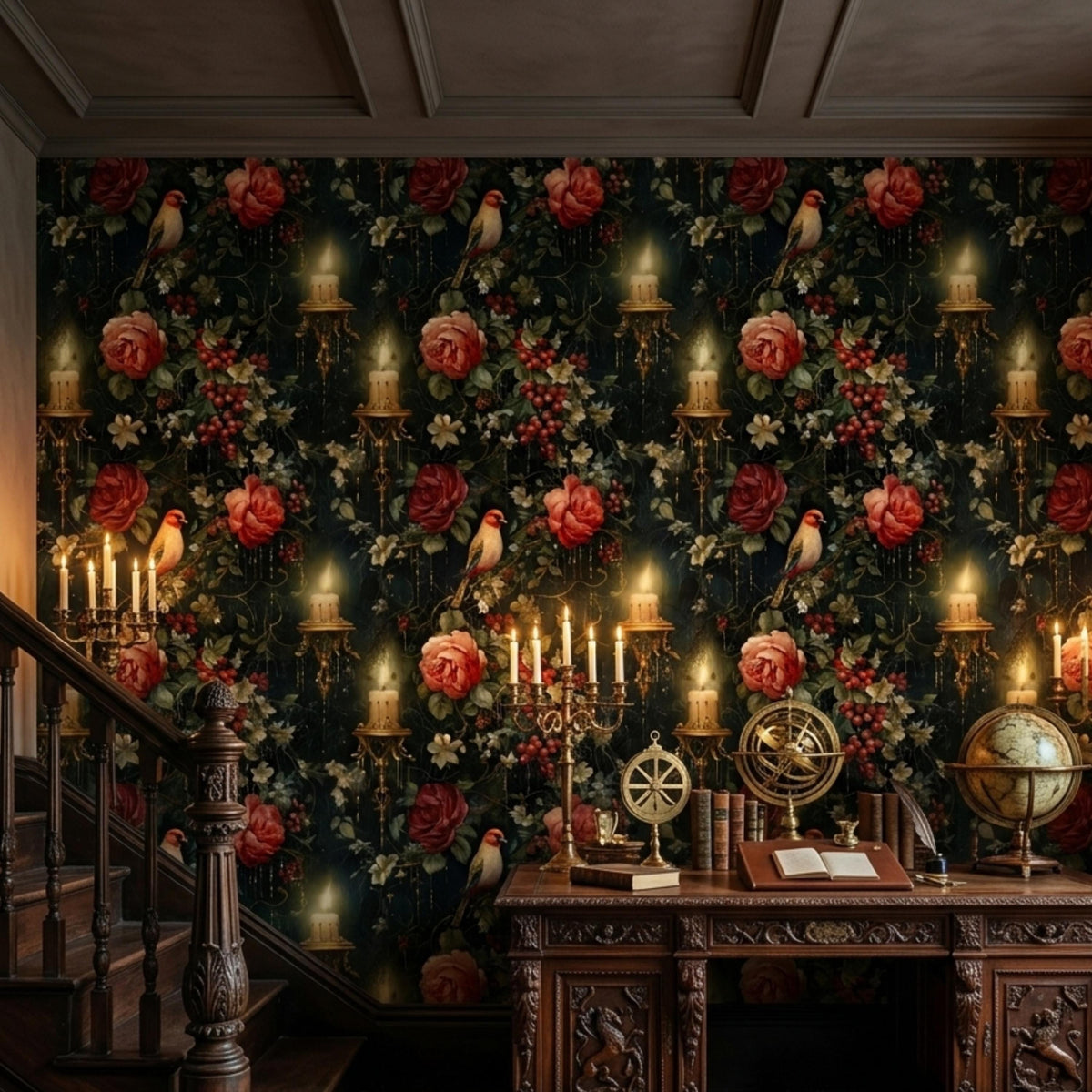 Dark Academia Floral Birds and Candles Wallpaper, Vintage Victorian Red Rose Wall Decal, Moody Maximalist Interior, Antique Still Life Art